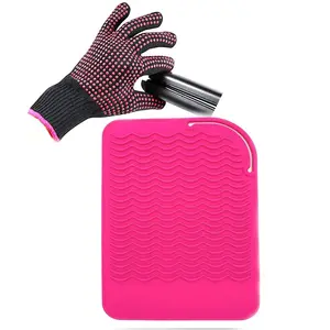 Heat Resistant Glove with Mat for Curling Iron, Hair Straightener, Flat Irons, Silicone Bump Glove, 9” x 6.5” Food Grade Silicone Mat, Pink