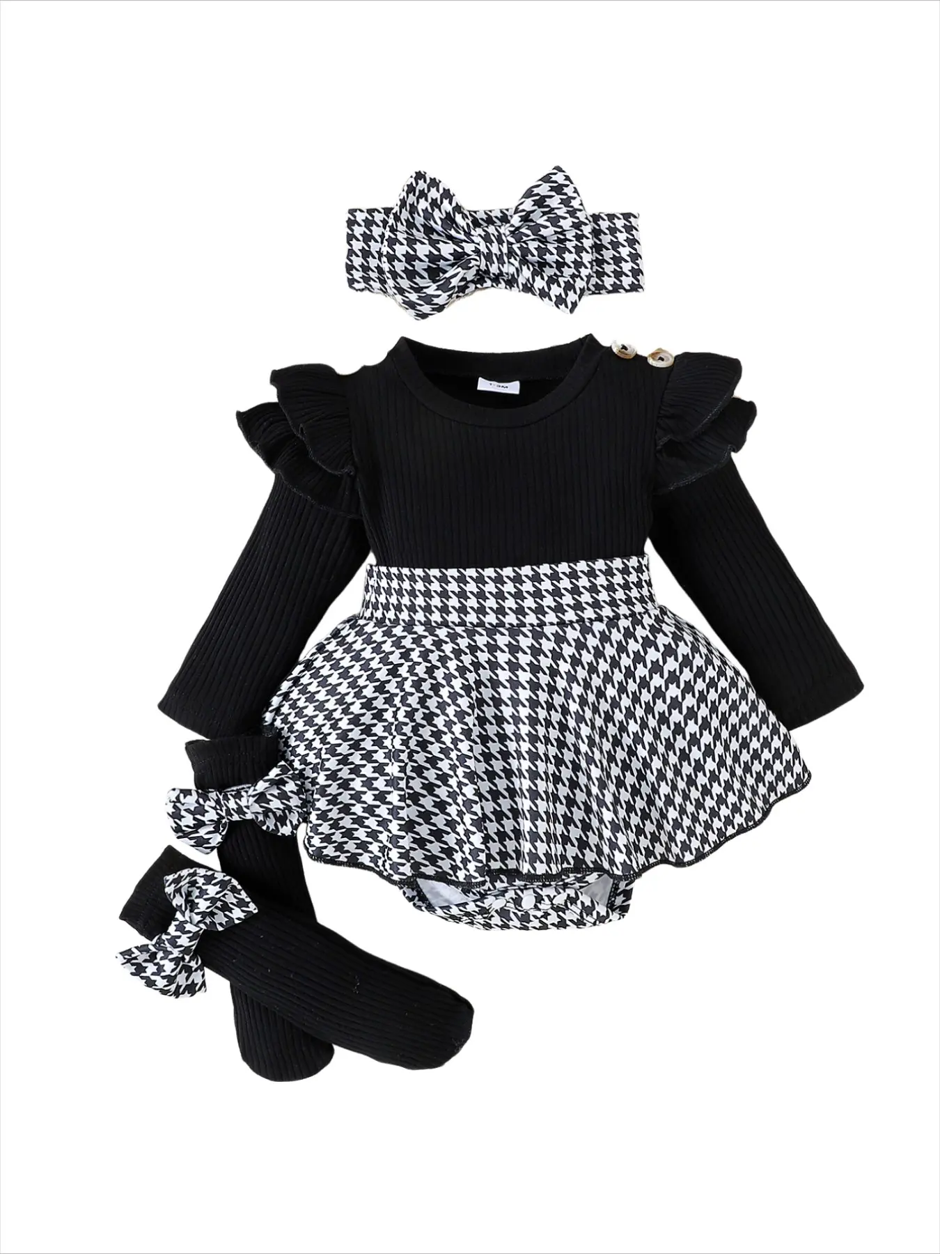 Houndstooth Outfit for Baby Girls | 1–18 Months Toddlers Black Long Sleeve Ribbed Knit Bodysuit 3-Piece Set Baby Clothes Girl Preppy Style | Easy Diaper Changes Suitable for Spring, Autumn and Winter