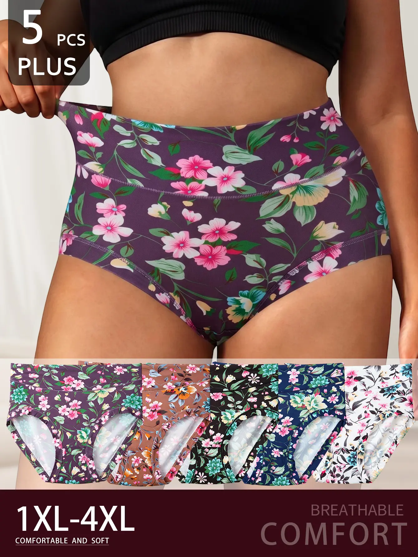 5PCS Plus Size Women’s High Waisted Milk Silk Panties – Soft Breathable Stretch Underwear Set, Solid Color, Floral & Leopard Print Options, Full Coverage Comfortable Fit, Lightweight Everyday Briefs, Sizes 1XL-4XL