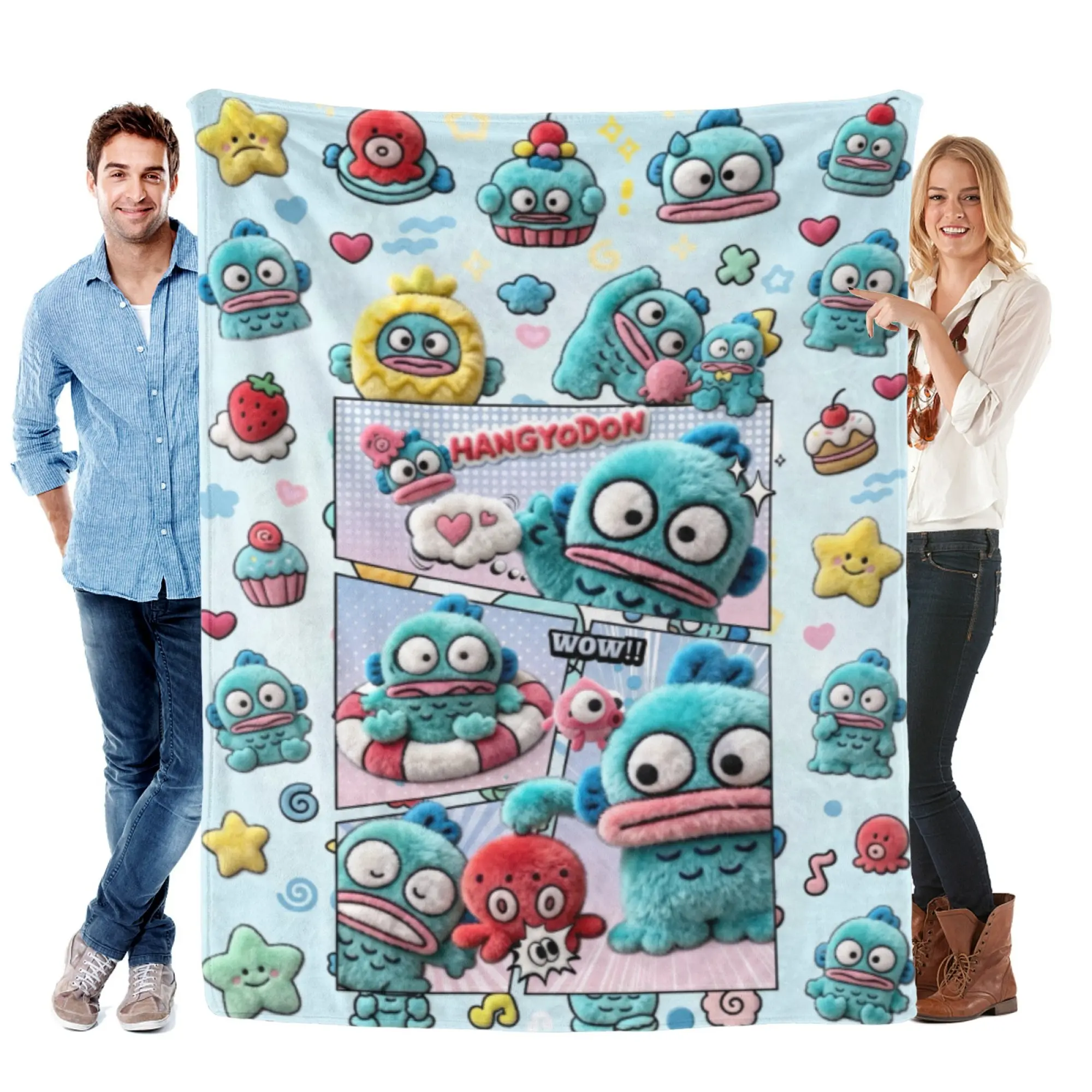 [SummerVibes] SANRIO CLASSIC Hangyodon Soft Flannel Blanket, Blue Comic Panel 2D Print Cozy Throw for Bed, Couch, Office Nap & Outdoor Sports