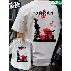 A high-quality T-shirt,Japanese Geisha Sakura Torii Red Sun Graphic White Cotton T - shirt