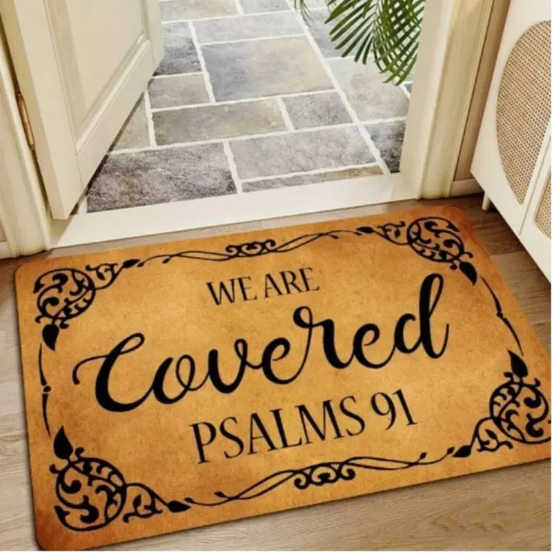 Letter Pattern Door Mat, We Are Covered Psalms 91 Print Non-slip Floor Mat, Decorative Mat for Home, Religious Doormat, Entryway Rug, Polyester Fiber Doormat, Entrance Rug