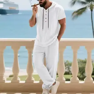 Men's 2-Piece Linen Summer Garments Set - Casual Short Sleeve Hooded Henley Top & Long Wide Leg Pants Uniform, Breathable Lightweight Natural Vacation Tracksuit, Multi-Color Beachwear Outfits summerwins