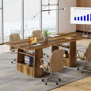 Tribesigns 63 Inch Brown Conference Table with 4 Shelves, Large Rectangular Meeting Desk for Office, Seats 6-8 People, Sturdy Business Seminar Furniture