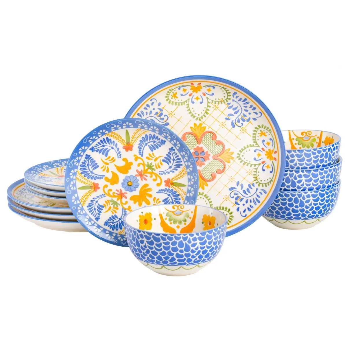 Laurie Gates 130959.12RR Tierra Tile Round Stone Dinnerware Set - 12-Piece Tableware Set with Fish Scales, Assorted Hand Painted Designs, Round Plates for Casual Meals, Microwave Safe