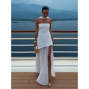 Fashion Strapless Ribbon Mesh Patchwork Maxi Dress Elegant Sleeveless Backless Vacation Long Robes  2025 New Women Beach Dresses Minimalist Casual