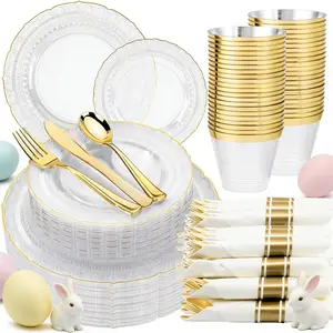 175PCS Clear Gold Plastic Plates - Gold Disposable Plate Service for 25 Guests - 50 Plastic Plates, 25Pre-Rolled Napkins with Cutlery, 25 Cups Perfect for Wedding,Party