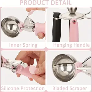 Cream Scoop Cookie Dough Scoop with Trigger, Pink/black Handle for Cookie Dough, Cupcake Batter, Ice Cream Portion Control (pink/black), Cookie Fruit Scoop with Comfortable Handle, Stainless Steel Ice Cream Scoop with Trigger Lever