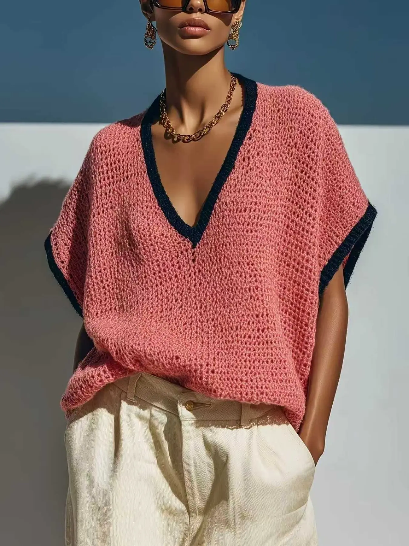 Fashion Casual Dark Colorblock Rolled Hem V-Neck Short Sleeve Loose Oversized Breathable Knitted Sweater, Womenswear Knitwear Comfortable and Stylish Pullover for Daily Wear