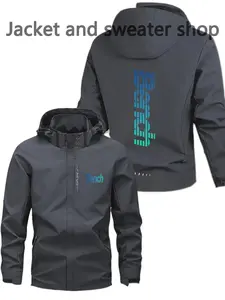 Men's Lightweight Polyester Fashion Hooded Jacket, Bench Print, Full Zipper Front, Casual Outdoor Spring & Fall Coat