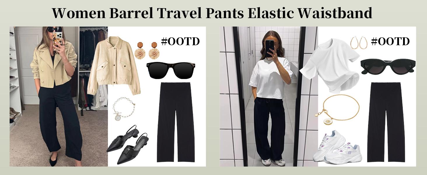 Songling Women Barrel Travel Pants Elastic Waistband Tapered Leg Baggy Mid Rise Work Trousers Lounge Pant with Pockets Bottom