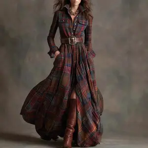 European American Women's Shirt Maxi Dress Autumn Casual Long Sleeve Button Pocket Plaid Print Lapel Retro Long Dress
