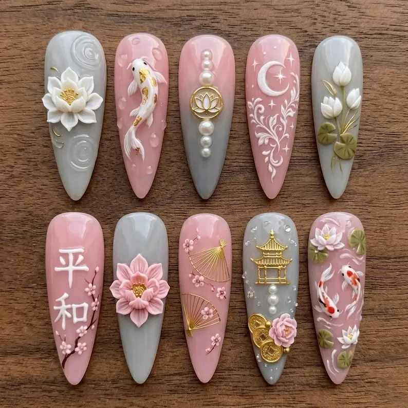 Floral Press On Nails 3D Lotus Koi Sakura & Pagoda Pink Coquette Pearl Charm Japan Style