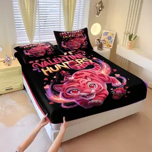 Trendy Bedding Collection Themed Around “K-Pop,” Featuring a Soft and Comfortable Fitted Sheet Set. the Vibrant and Distinctive Design Blends Valentine'S Day Romance with Contemporary Aesthetics, Perfect for All Seasons, Creative Aesthetics