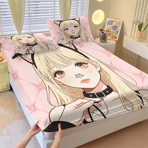 Pink Sweet Cool Blonde Cat Girl Fitted Sheet Set 3 Piece, 1 Fitted Sheet + 2 Pillowcases, Cute Anime Kawaii Print Bedding Set, for Girly Bedroom Dorm Apartment Decor, Perfect Birthday Gift for Anime Fans