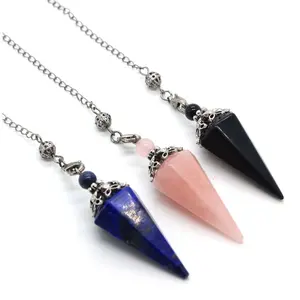 Crystal Hexagon Stone Pendulums for Spiritual Dowsing Divination Natural Amethyst Rose Quartz Healing Pendulum Pendant Pendules