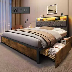 Queen Bed Base with 4 Storage Drawers, Queen Size Bed Frame with Upholstered Headboard and Built-in Charging Station, No Noise, Metal Support, No Box Spring Needed, Brown