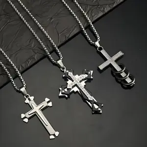 3Pcs Retro Style Stainless Steel Chain Necklaces Set Featuring Various Cross Pendants, Perfect for Men'S Unique Style. This Combination of Hip-Hop Fashion And Versatile Stainless Steel Chains with Cross Pendants Is a Must-Have