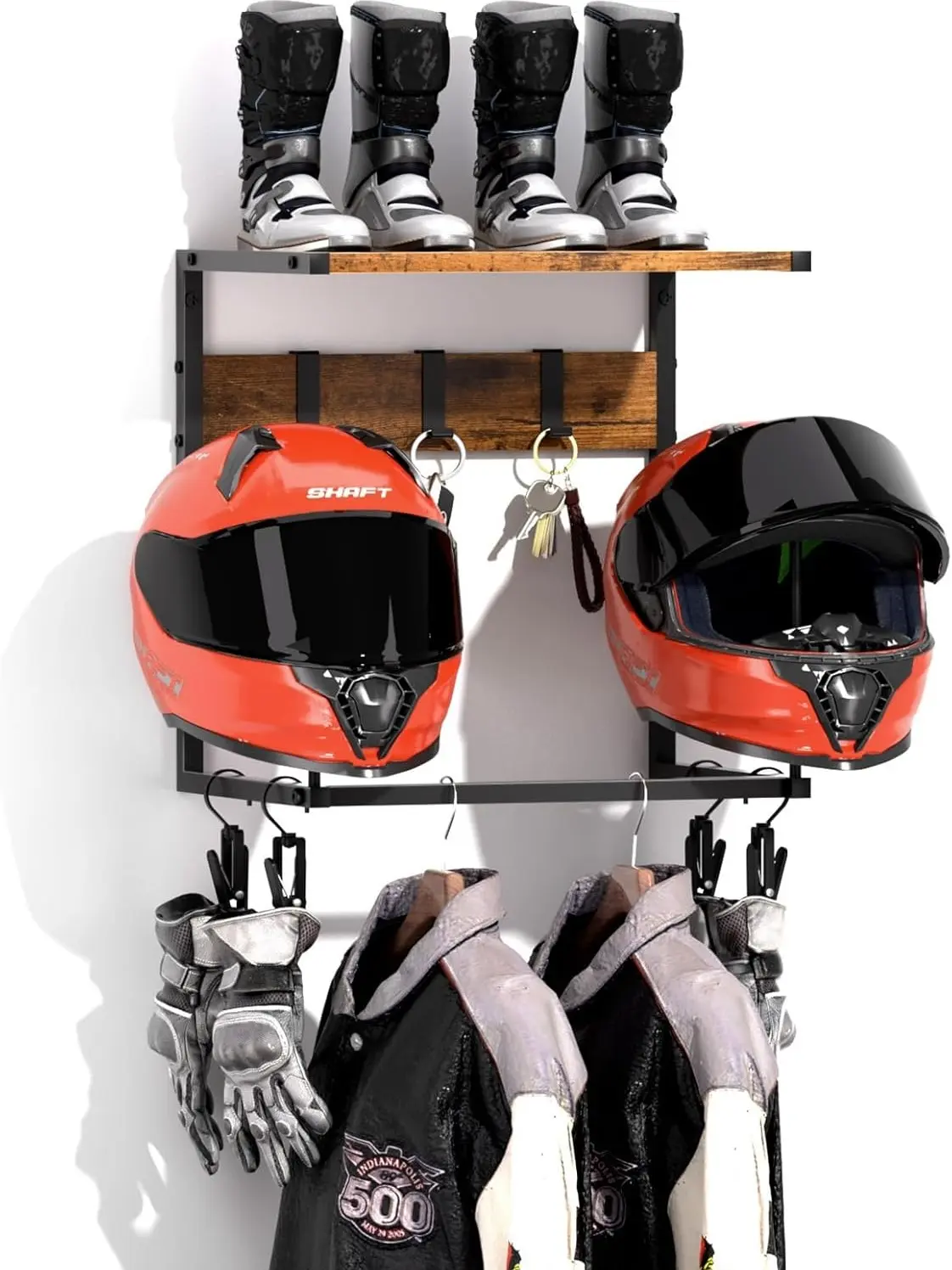 Motorcycle Helmet & Gear Display Rack, 1 Count Wall Mounted Helmet Holder With Detachable Hooks, Home Organizer for Living Room Bedroom