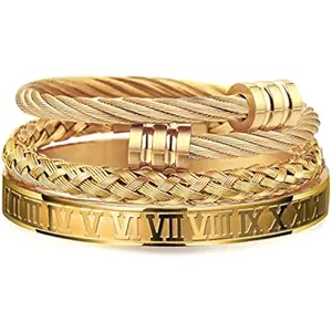 3PCS Stainless Steel Bracelets for Men Gold Roman Numeral Bangle Bracelet Twisted Cable Bracelet Adjustable Cuff Bracelet Mens Luxury Jewelry Bracelets Gifts