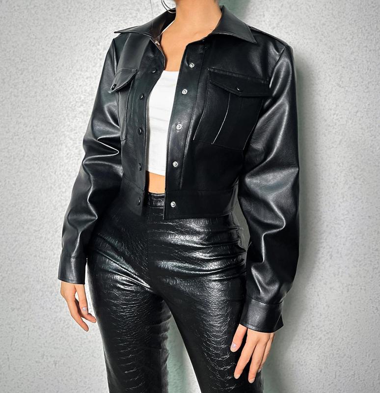 Lypobala Women's Black Faux Leather Cropped Jacket – Snap Button Front, Long Sleeve Moto Style