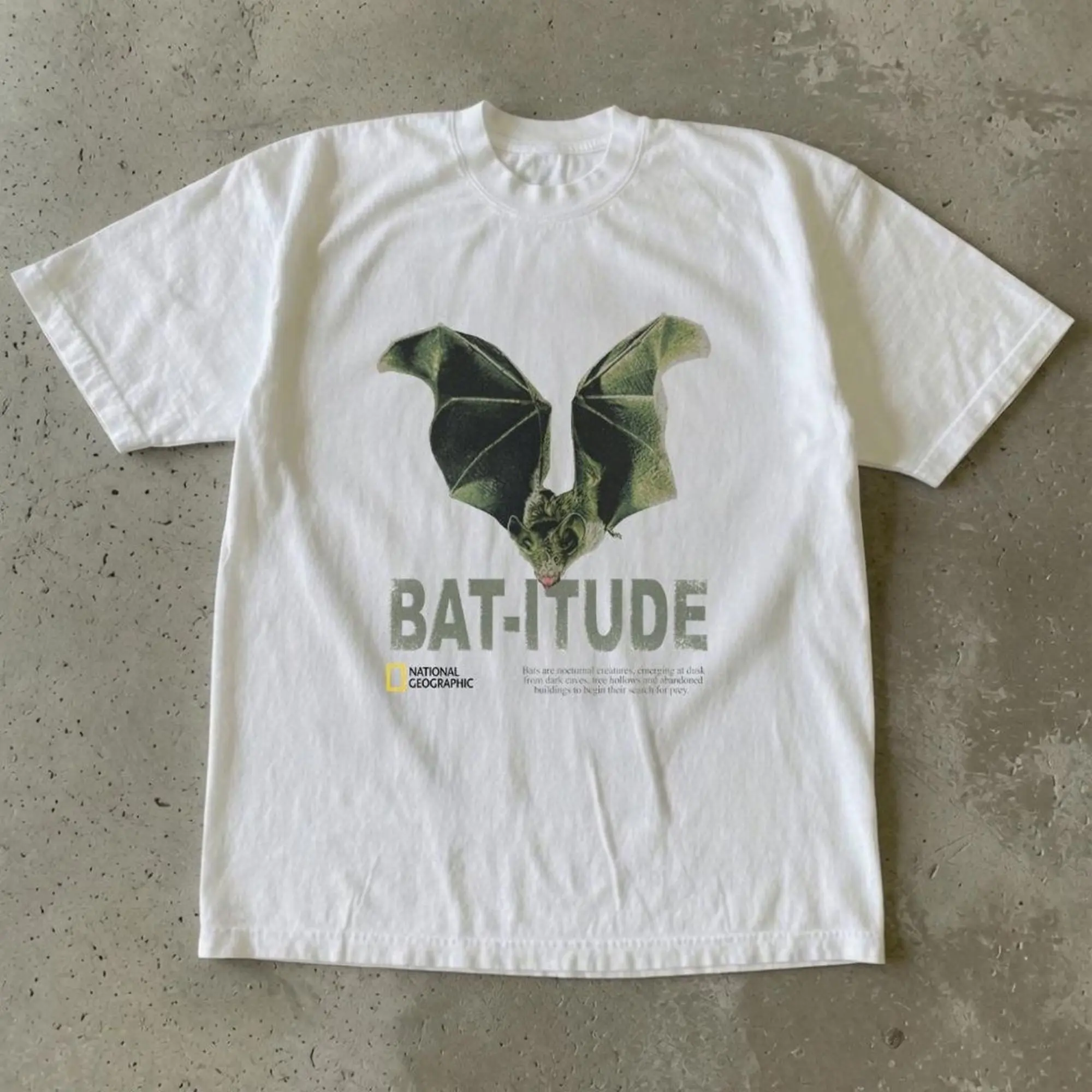 Bat-itude Flying Bat Typography Graphic T-Shirt, Distressed Vintage Wildlife Nature Illustration Art Print, Unisex White Heavyweight Streetwear Tee, Aesthetic Fans, Gothic Alt Outfit