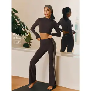 GLOWMODE 31" FeatherFit™ Contrasting Side Stripe Split Hem Flare Leggings Low Impact Yoga Pilates Studio Daily Casual Wear