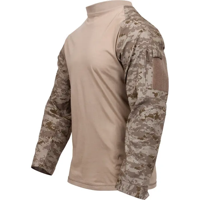 Men's Digital Desert Camo Tactical Combat Shirt - Long Sleeve Cotton-Poly Base Layer Top, Breathable Fit, Gusseted Arms, Padded Elbows for Paintball, Airsoft, Hiking / Light Outdoor, Combat Sports, Athletic Fitness Clothes, Athletic Clothes, Mock Neck, Ho