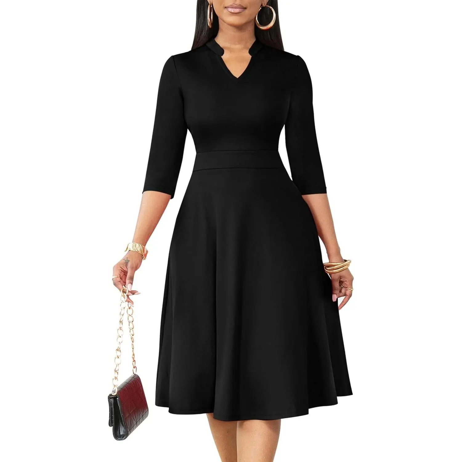 Casual Dresses for Women Semi Formal Fit and Flare 3/4 Sleeve A-line Church Work Dress with Pockets