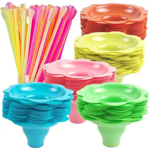300 count Colorful Flower Snow Cone Cups with Cone Spoon Straws, Plastic Snow Cone Bowls, Plastic Shaved Ice Drip Cups Snack Ice Cream Bowls for Holiday Party Summer Cookout  Birthday (4OZ)