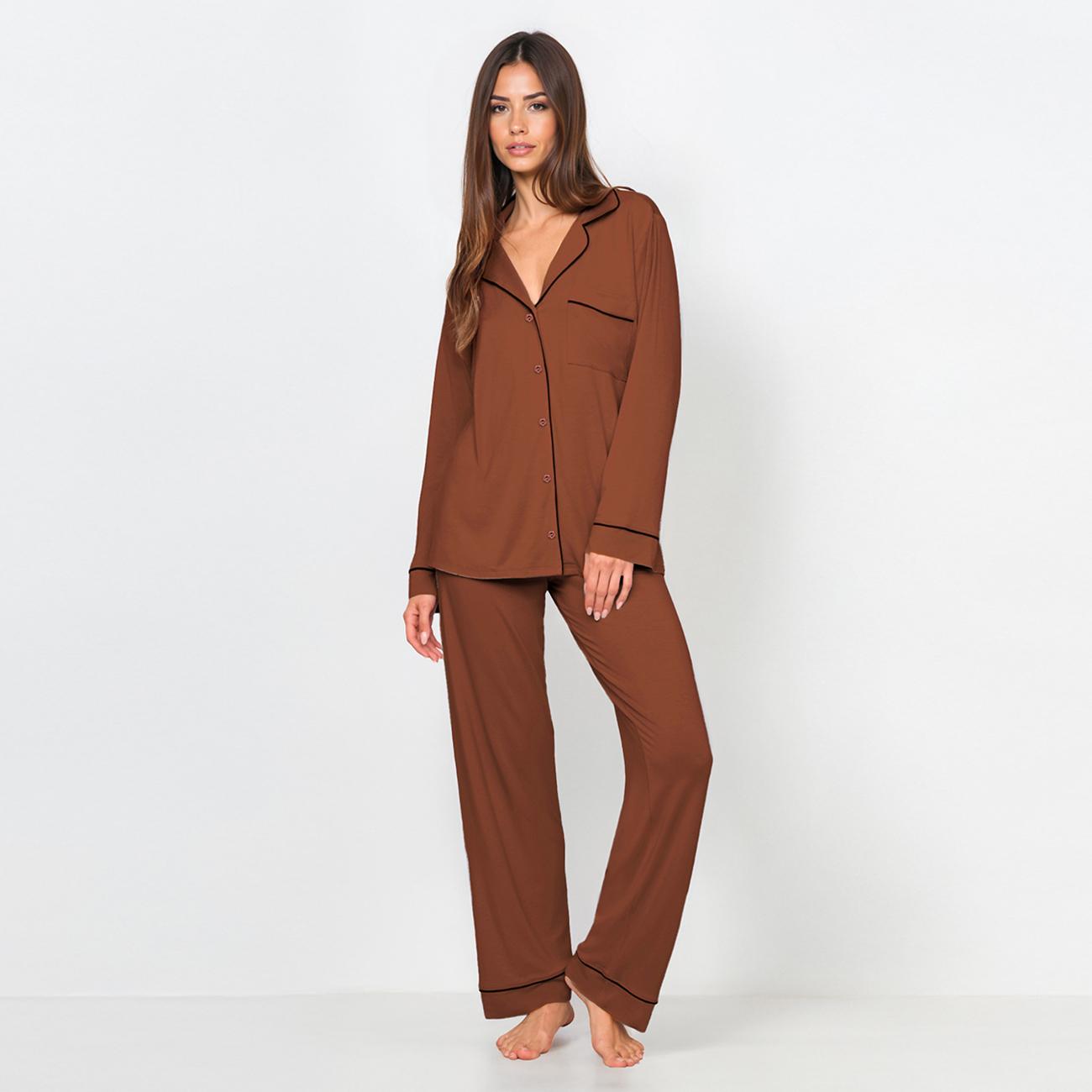 KatchMe Women's Basic Color Matching Trim Button-Up Long Sleeve Top & Drawstring Waist Loose Trousers Sleepwear Co-ord, Leisure Pajama Set for Fall & Winter