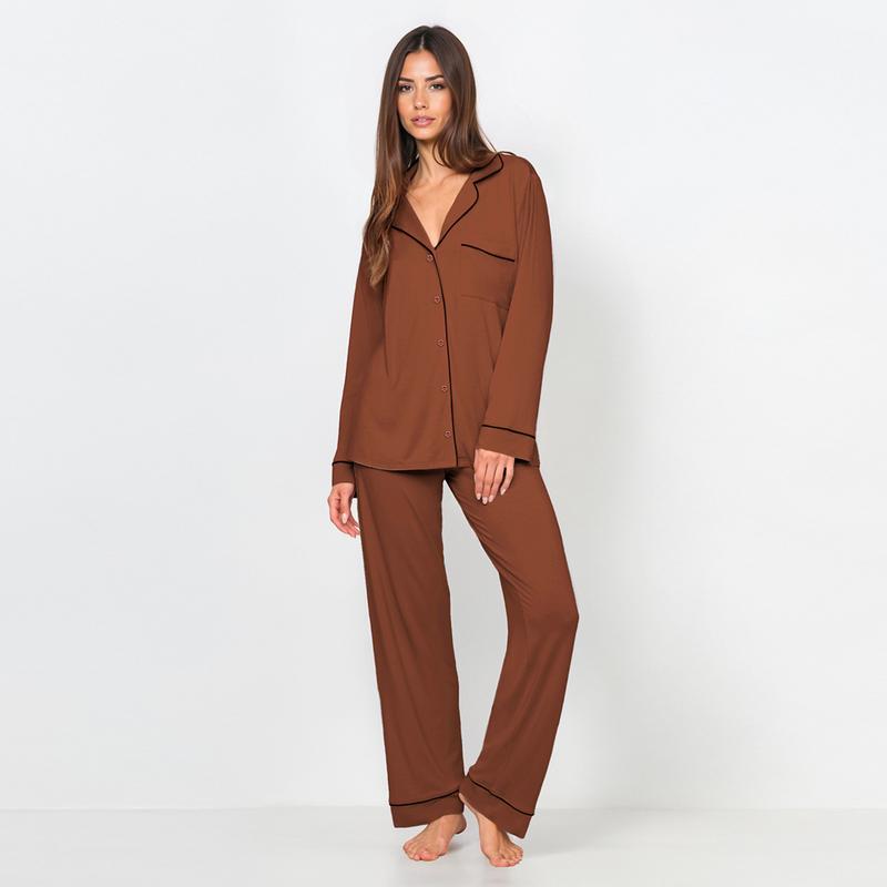 KatchMe Women's Basic Color Matching Trim Button-Up Long Sleeve Top & Drawstring Waist Loose Trousers Sleepwear Co-ord, Leisure Pajama Set for Fall & Winter