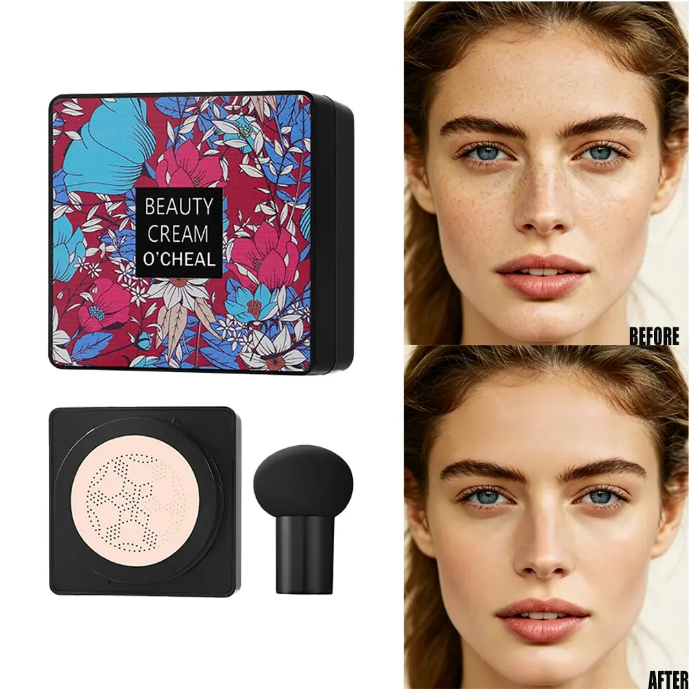 Mushroom Head Air Cushion CC Cream Foundation, Waterproof Sweatproof BB Cream with 24H Long-Lasting Oil Control, Full Coverage Concealer for Natural Flawless Skin Finish Nude Makeup, All Skin Types
