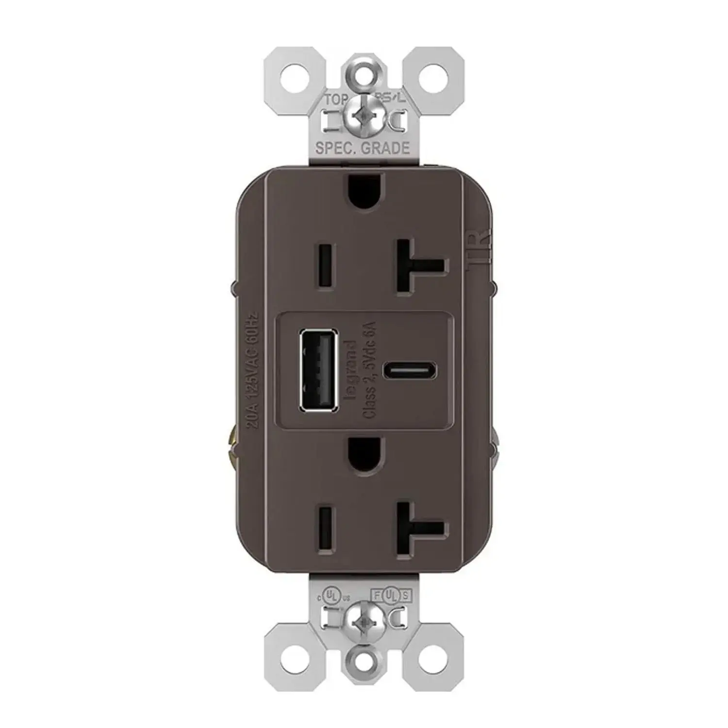 Pass & Seymour TR20USBAC6 20A Tamper-Resistant Duplex Outlet with USB A/C, Brown