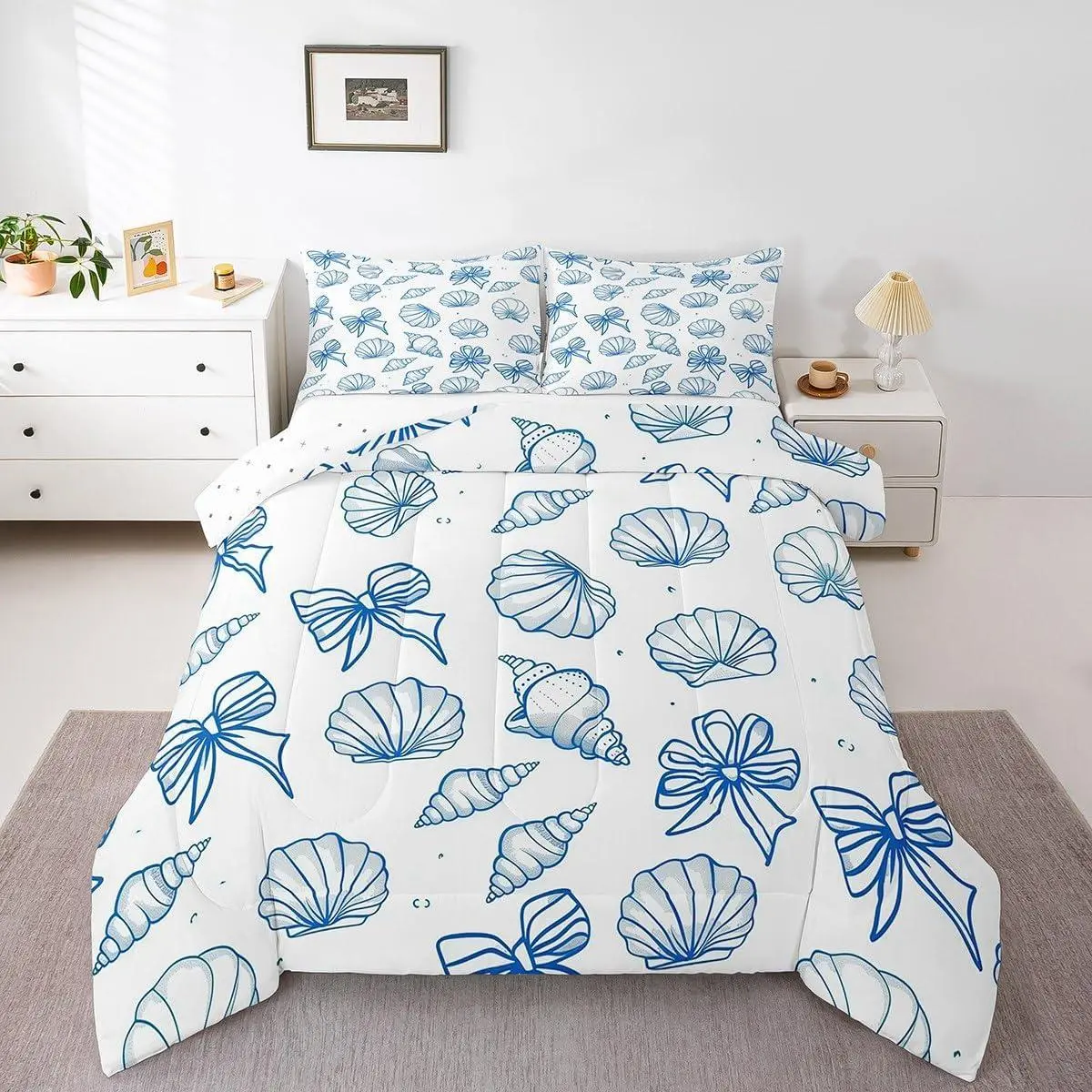 Feelyou Preppy Cute Blue and White Seashell Print Bow Tie Comforter Set - Breathable Microfiber Bedding, Machine Washable, Digital Print, Multi-Size (Toddler,Twin,Full,Queen) Beachy Duvets & Sets for Girls' Coastal Decor