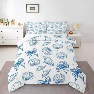Feelyou Digital Print Breathable Microfiber Blue and White Seashell Bow Comforter Set, Multi-Size Cute Preppy Bow Tie Bedding Set for Girls, Coastal Beach Room Decor