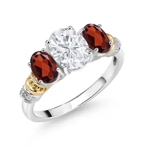 925 Silver and 10K Yellow Gold IGI Certified Lab Grown Diamond and Red Garnet 3 Stone Ring For Women | 2.67 Cttw | Center Oval Diamond 1.5 Ct | E-F Color | VS1-VS2 Clarity