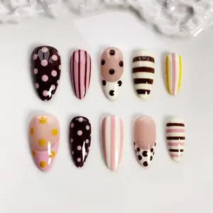 Colorful polka dot nails/press on nails long almond nails/Cute nails/Pink striped nails/Kawaii nails/Daily nails/Simple nails/Birthday nails