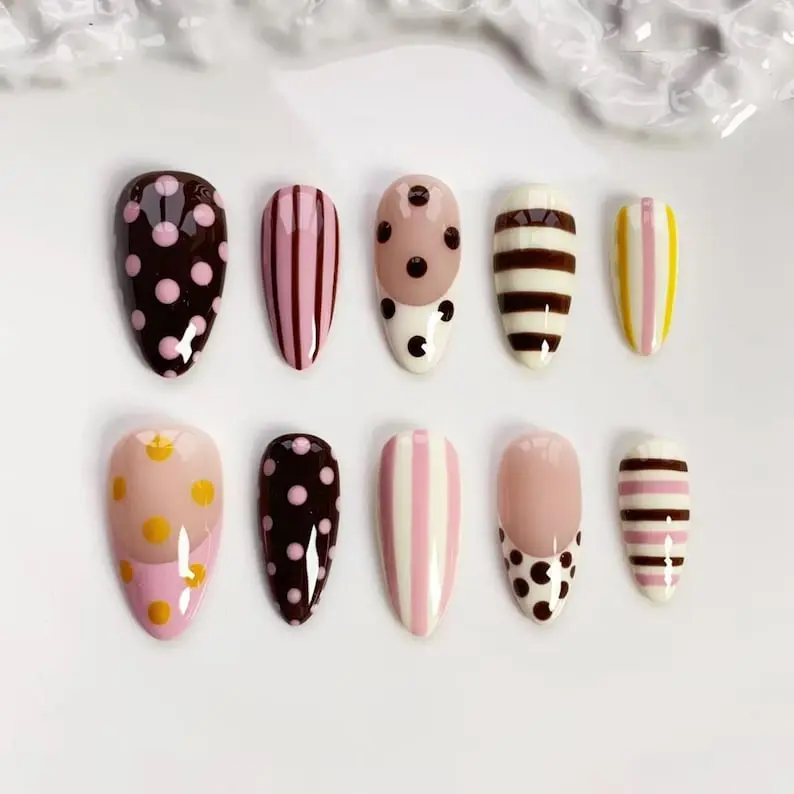 Colorful polka dot nails/press on nails long almond nails/Cute nails/Pink striped nails/Kawaii nails/Daily nails/Simple nails/Birthday nails