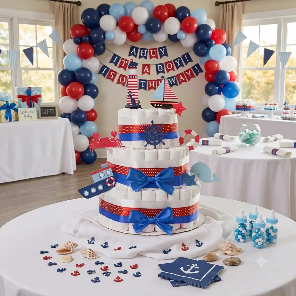 Nautical Sailor Unisex Diaper Cake Kit - Blue and Red Nautical Theme Decor, Ocean Baby Shower Centerpiece & Gift, Make-Your-Own 3-Tier with Lighthouse, Whale, Sailboat, Anchor, Polka Dot, Reusable Base