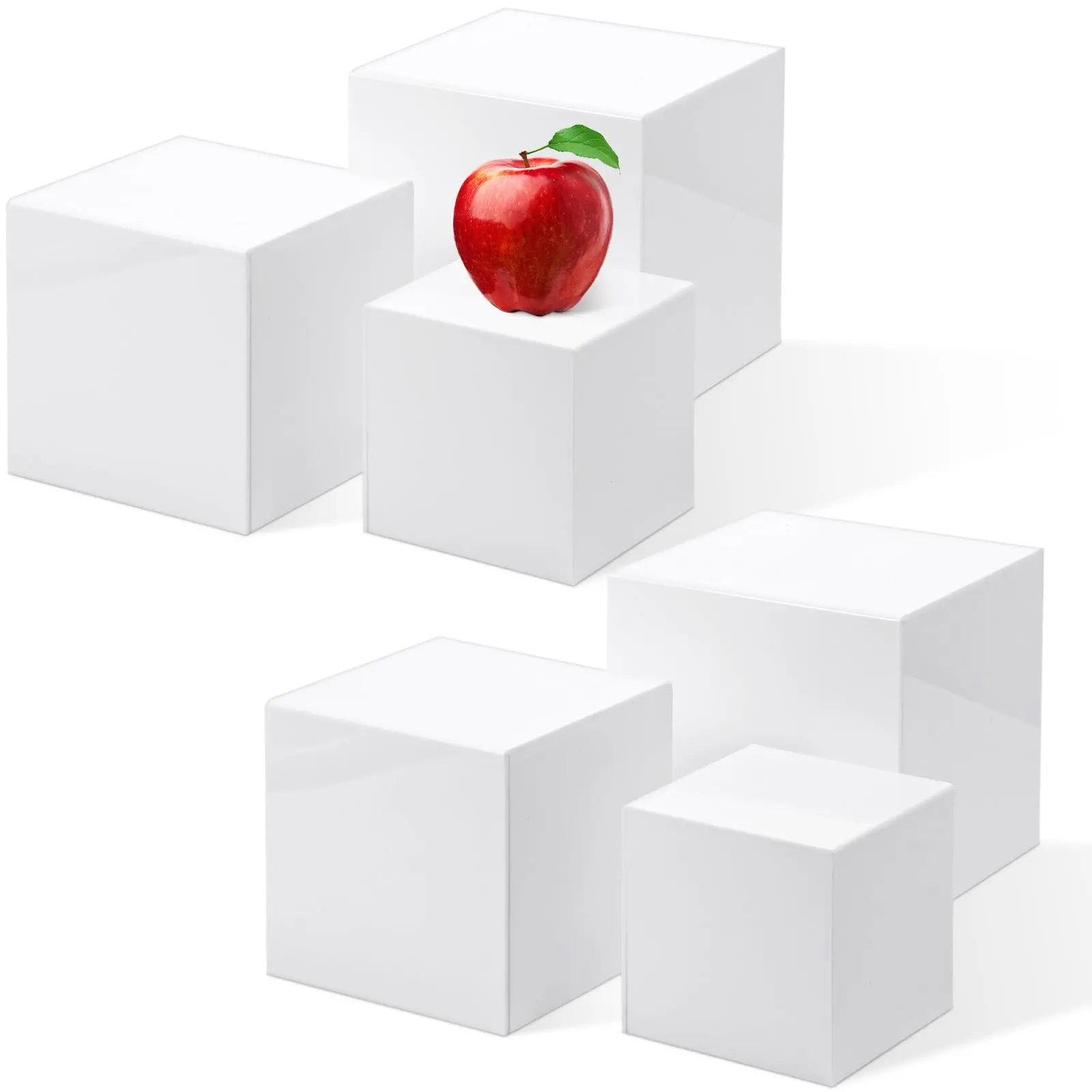 White 6-Pcs Acrylic 5-Sided Nesting Cube Display Riser Boxes - 4"/5"/6" Square Bases, Hollow Bottoms, Decorative Organizers for Cheese, Candy Packages, Housewarming Displays (Study, Museum Use)