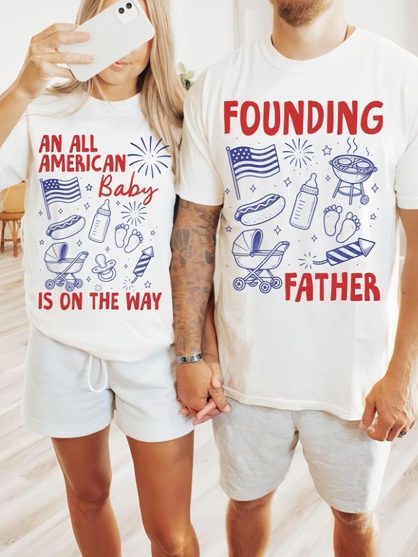 Women's Cute Basic Cotton Fitted Cap Sleeve T-Shirt - Cropped, Backless, Crew Neck, Breathable Lightweight Fabric, Casual, American Flag Print, All-American Baby Graphics, Holiday Couple Matching, 4th of July Pregnancy Announcement for Expecting Parents