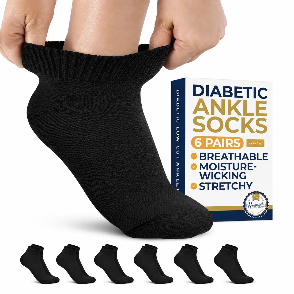 Pembrook Low Cut Diabetic Socks for Men and Women - Ankle Socks with High Stretch, Non Binding, Breathable Mesh, Smooth Fit, Cushion for Sitting, Moisture Wicking, Neuropathy Socks