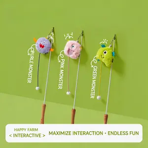 HalloStark Cat Long Pole Toy Interactive Fun Stick with Cute Monster Design Equipped with Bells and Fringes to Attract Your Cat's Attention