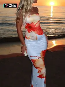 Women's Floral Print Fitted Tube Dress, Casual Strapless Long Dress for Summer, Fashion Women's Dress for Beach Holiday, Womenswear