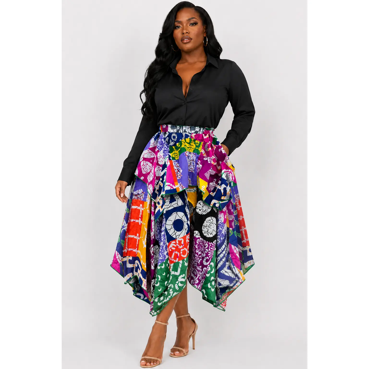 Ankara Patchwork Midi Skirt Plus Size African Print Handkerchief Skirt High Waist Multicolor Flowy Skirt Women Wedding Guest Festival Occasion Skirt