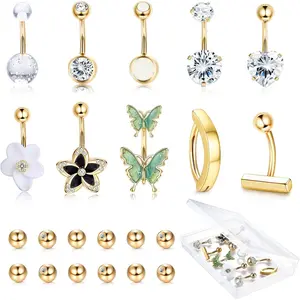 Sanfenly 10Pcs 14K Gold Plated Surgical Steel Belly Ring Set, Cute CZ Butterfly Flower Dangle Navel Piercing Jewelry for Women with Box