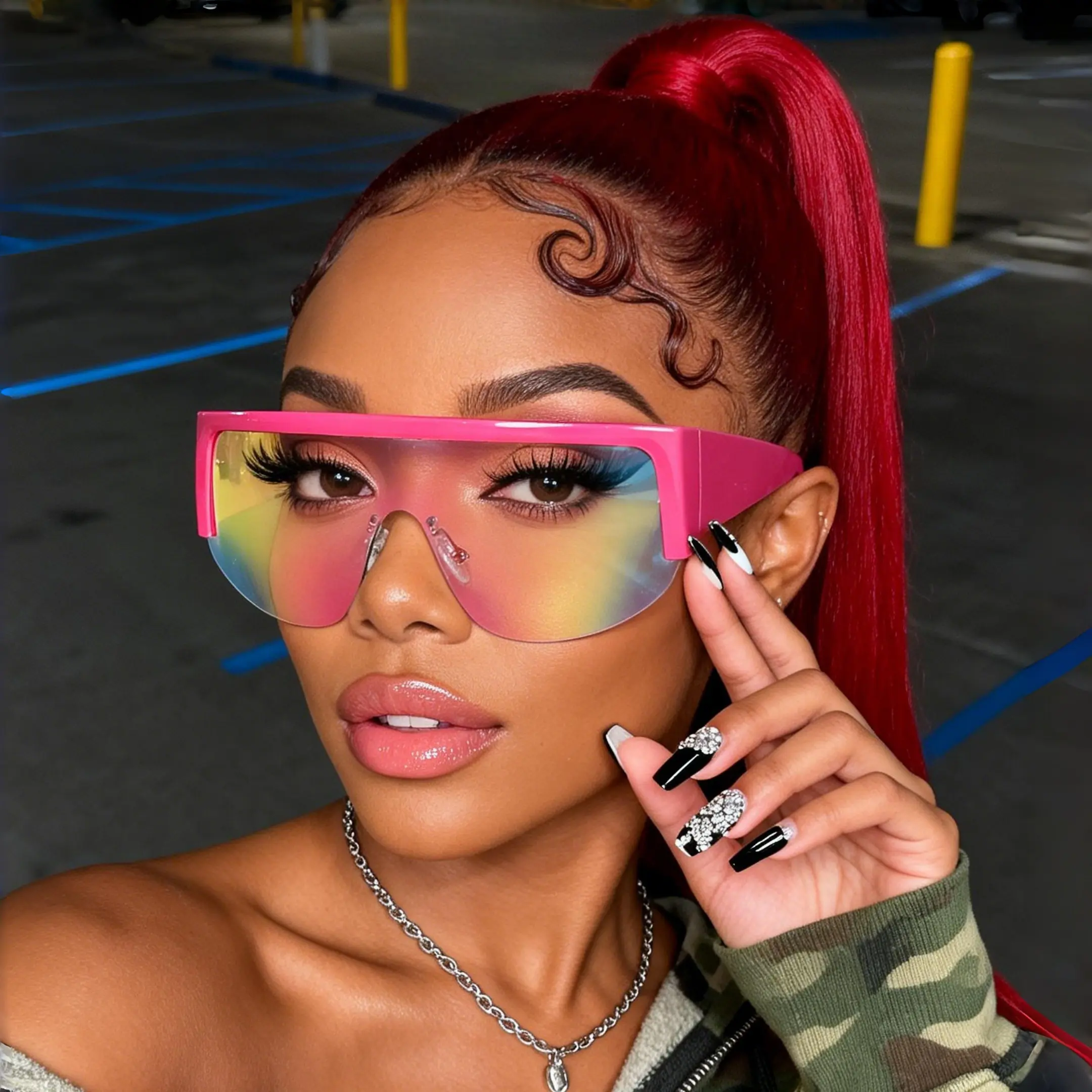 Y2K Pink Shield Sunglasses Women