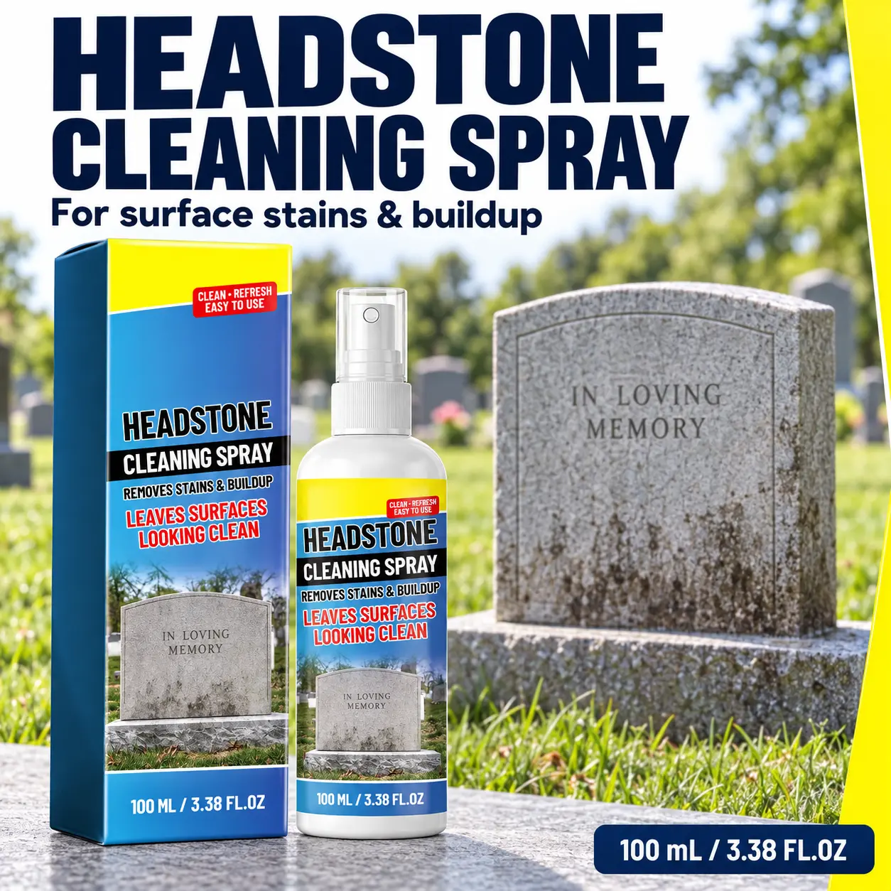 Headstone Cleaner for Graves Memorials Cleaner Removes Dirt Growth Luster to Restore and Guard Granite Stone Tile Travertine Concrete Limestone Slate Marble 3.38 Fl Oz