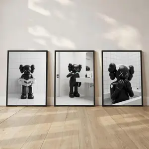 3 Count/set 3 KAWS Bathroom Wall Art Set of 3,Black Shower Poster,Hypebeast Washroom Decor,Modern KAWS Prints,Luxury Bathroom Wall Decor Unframed Poster